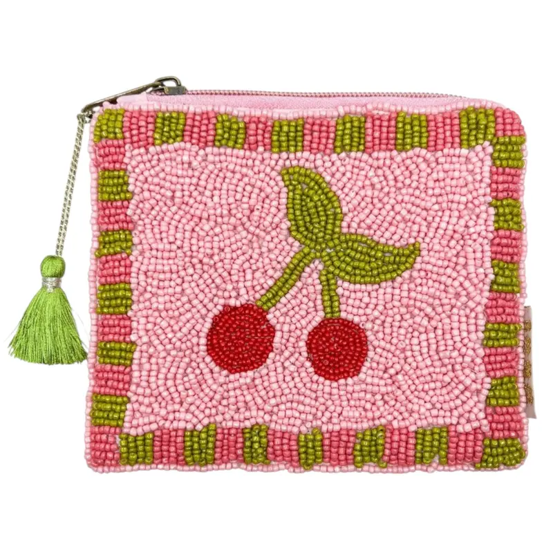 Cherry Beaded Pouch – Light Pink