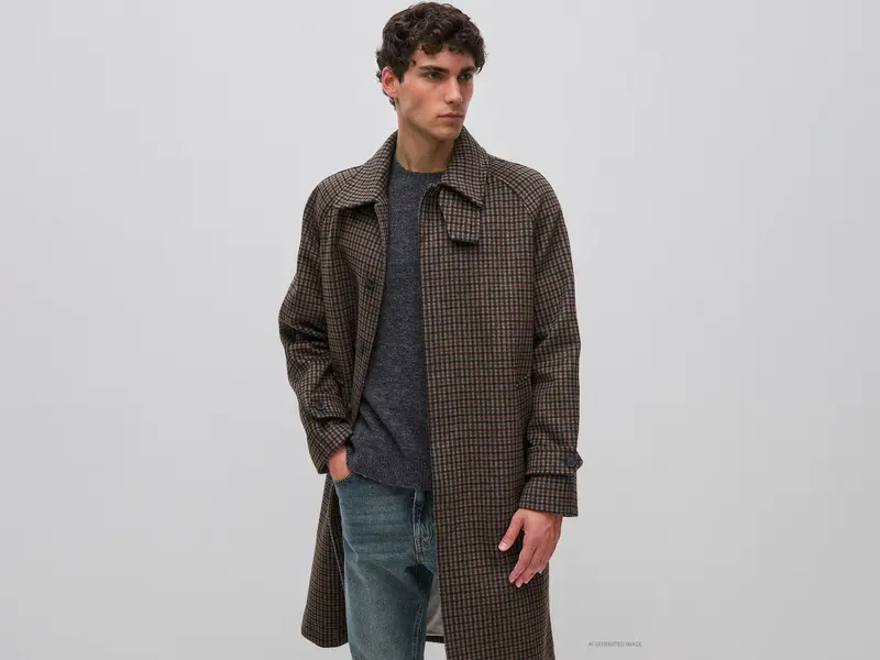 Long checked wool blend coat